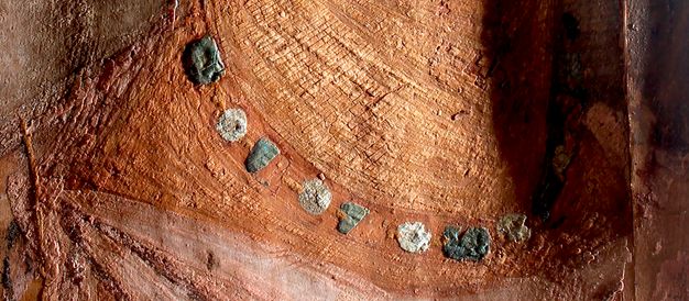 Detail of the necklace worn by the woman from figure 5.2 showing the textured paint surface. The white and green beads are raised in texture. The paint used for the skin is lighter on the neck compared to the base of the neck where the necklace sits, and is smoother than the paint on the shoulder and garment.
