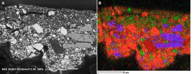 Two side-by-side images of a paint sample under microscope. Image A is primarily dark grey, with scatters of light grey and white. The dark grey primarily appears at the top of the figure, with larger specks of white throughout. The lower half of the figure appears lighter, more like the white large specks, but has large light grey specks. Image B is primarily red, with large scatters of blue toward the right side of the figure. There are also smaller scatters of blue toward the left side of the figure. Toward the top and bottom of the figure, there are many green specks. 