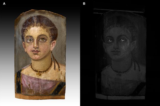 Two images of the portrait of a young girl. Image A shows the normal light portrait; image B shows the VIL image. In image A, the young girl has brown fair and hazel eyes. Her skin is fair and her cheeks, ears, and lips have a pink tint. She is wearing a brown and gold necklace. The upper-half of her body is shown, and she is wearing a purple garment with black and gold detailing and either side. Image B is completely black but shows a faint outline of the girl. Her face can be seen in a very dark gray. Her eyes appear to glow. The whites of her eyes are the lightest and most visible part of the image. 