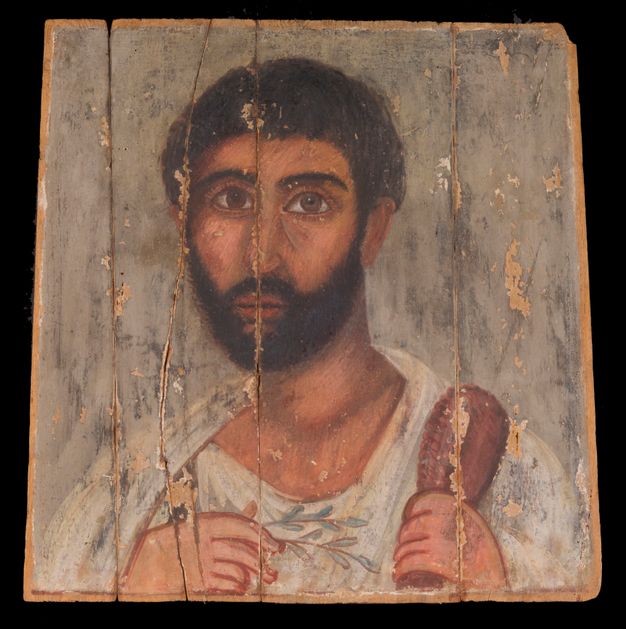 Portait of a bearded man wearing a white garment and holding two olive branches in his proper right hand and an object that might be leather or a brown ceramic in his left.