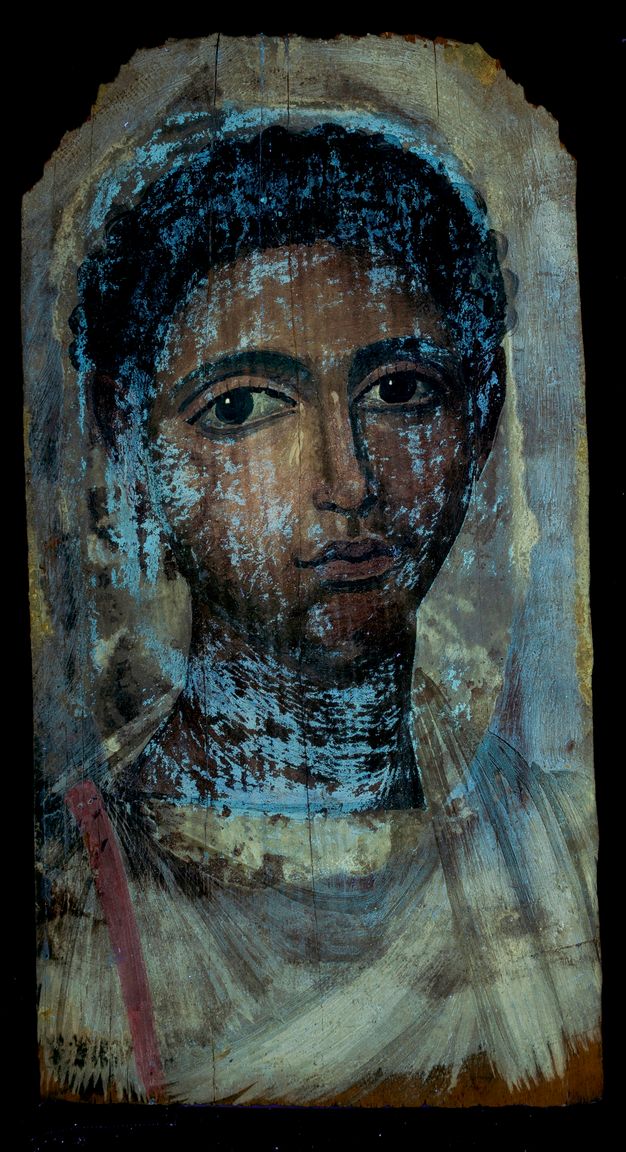 Ultraviolet-induced visible fluorescence image of a portrait of a man. His hair and skin appear darker in color. Much of the paint that lines his face, hair, and neck has a light blue hue. His garment appears white with a slight blue hue, and there is a red ribbon-like vertical detailing on his left side. The background is primarily tinted with a blue hue. 