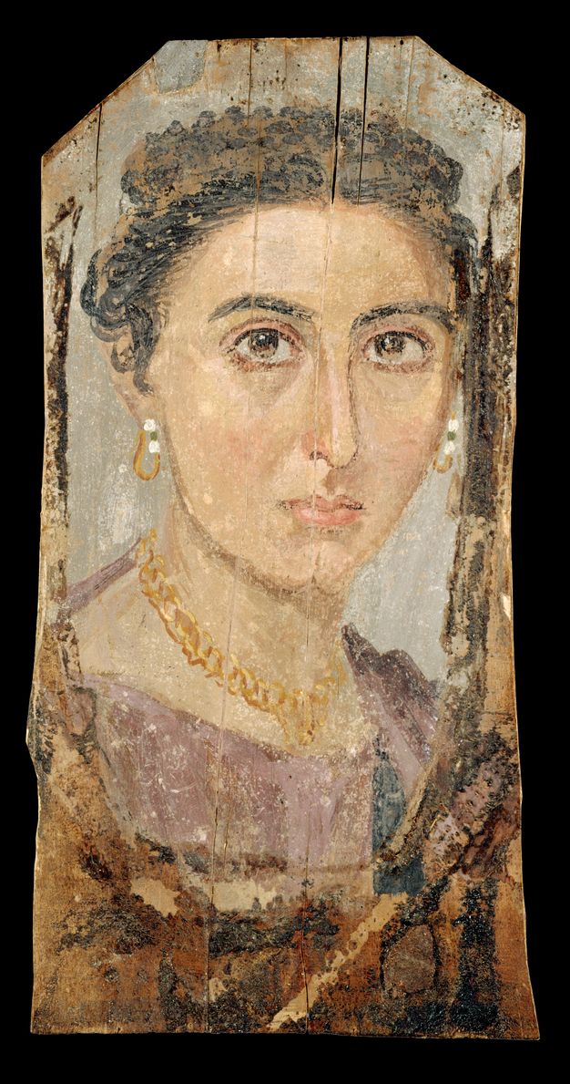 Portrait of a woman with dark hair with light brown details. Her skin is fair and she has brown eyes. Her lips and cheeks have a slight pink tint. She is wearing pearl earrings with gold detail, and a gold necklace. Her garment is purple. The background is primarily grey with streaks of brown and black that frame the portrait.