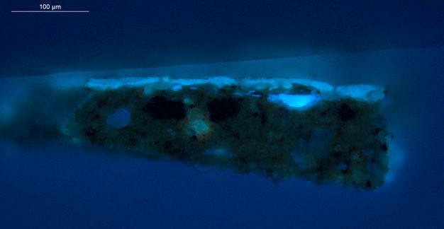 Image of a small fragment of surface paint under ultraviolet illumination. The background of the image is blue, and the cross section is a darker green color with large specks of light blue and black.