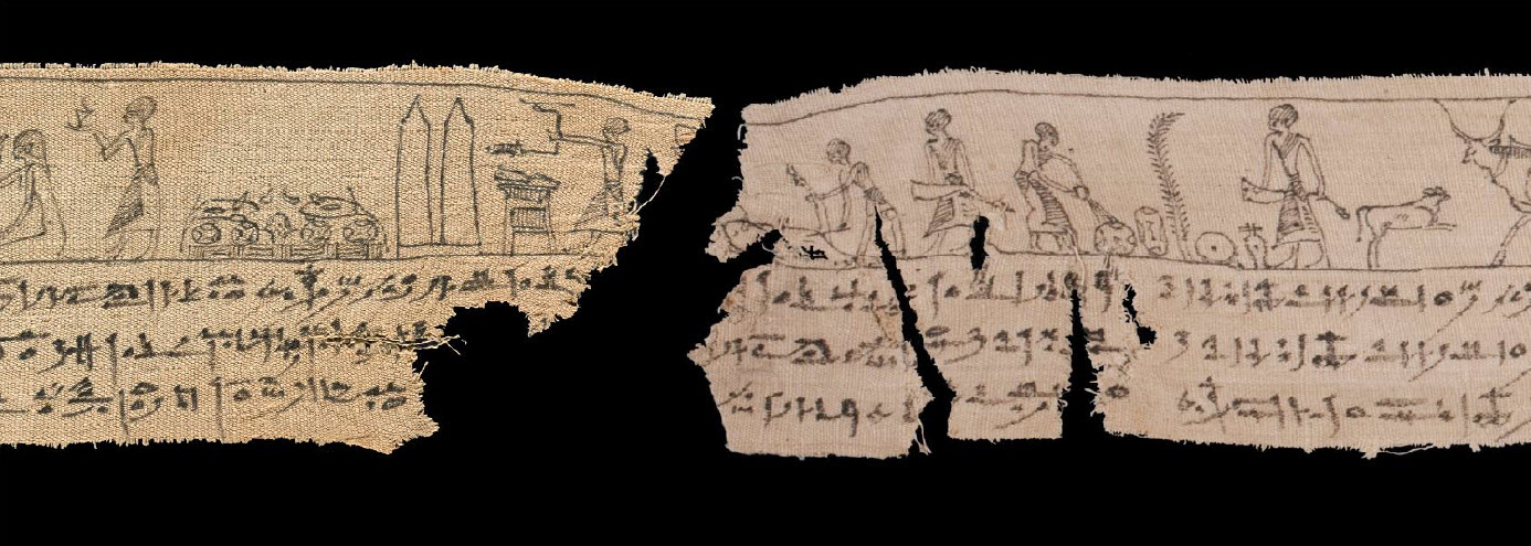 Detail showing the right end of the linen fragment from Figure 1 and the left end of the linen fragment from Figure 2a side by side, nearly touching.