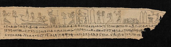 Linen fragment showing a long, continuous illustration above three lines of text. The illustration shows people in profile in various scenes.
