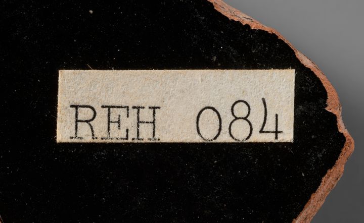 Close view of a black ceramic fragment. A white sticker with typed text reading quote REH 084 end quote is affixed to its surface.