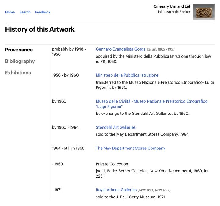 Screenshot of the Getty online collection catalogue showing the entry for the terracotta urn and lid shown in Figure 24. The Provenance tab has fields with dates, owners, galleries, and notes about how the object changed hands over the years. Links for Provenance, Bibliography, and Exhibitions are to the left. The work’s title, artist information, and a thumbnail image of the urn are in the upper right.