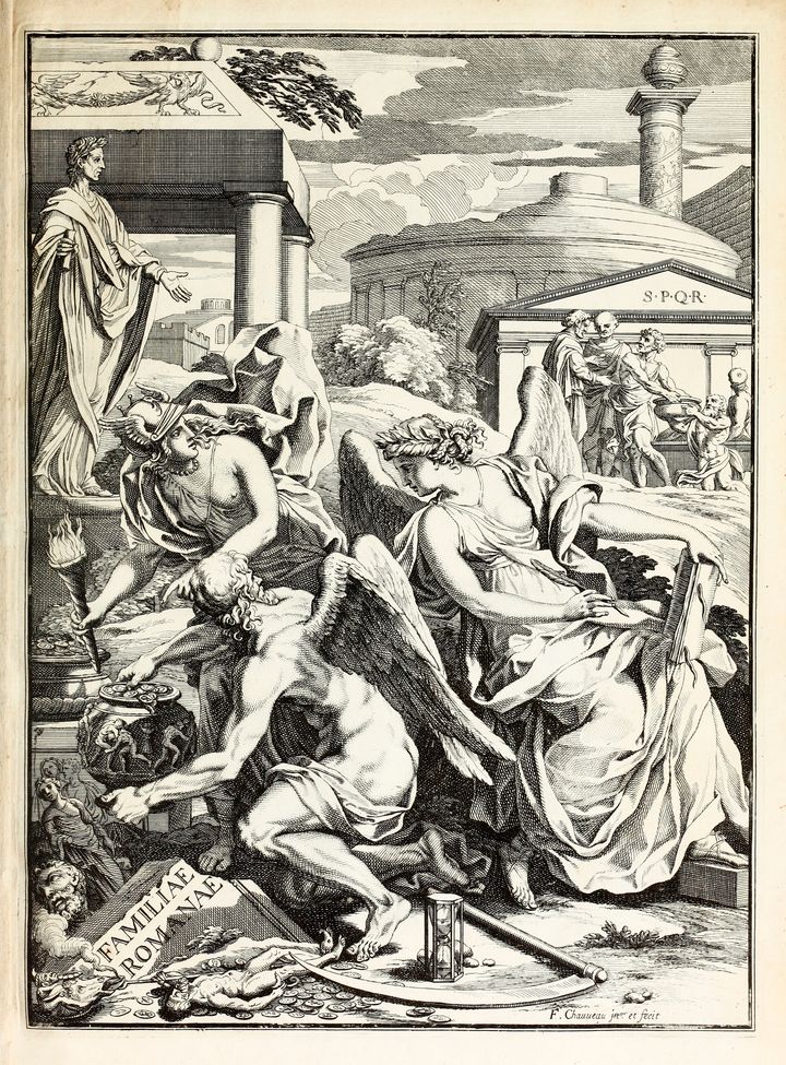 Engraving showing a scene in which three figures in the foreground hold or lean toward the bowl illustrated in Figure 26. Two of the figures have wings and the third wears a winged helmet. A partially buried stone fragment at their feet reads quote Familia Romanae end quote. More people gather in the background among stone buildings and statues.