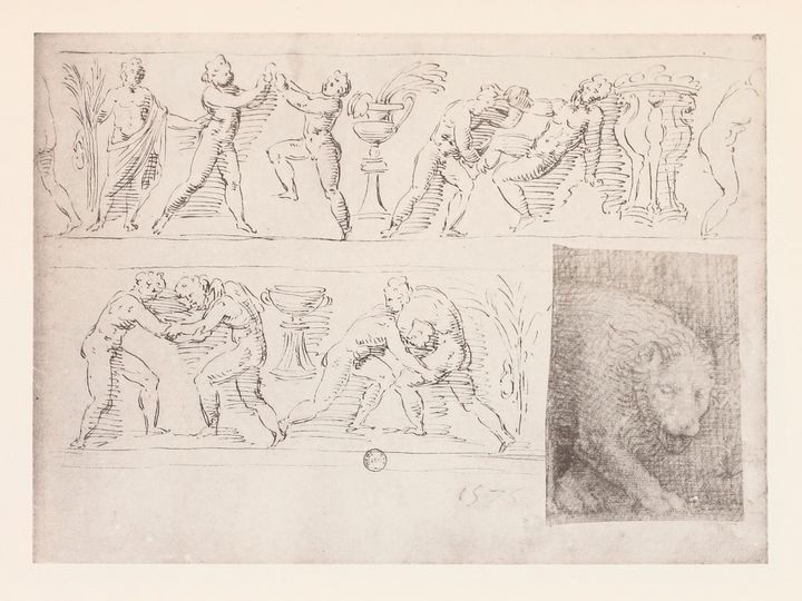 Drawing showing the actions taking place on the bowl shown in Figure 26 as if rolled out onto a flat surface in two registers. In both strips, pairs of people grapple with each other separated by urns on pedestals. A drawing of an animal, perhaps a bear or lion, appears in the lower right corner of the sheet.