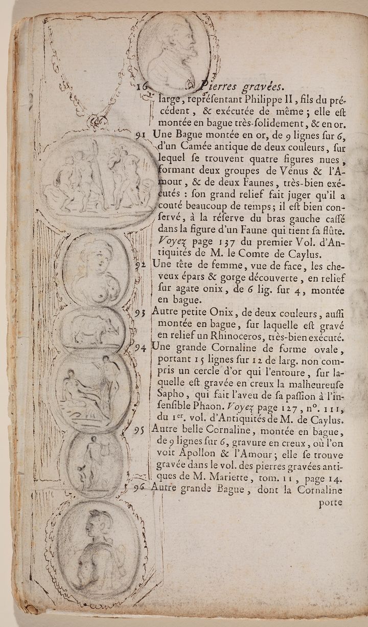 Seven cameos appear sketched lightly down the wide left margin of a page printed with French text. The sheet shown is page 16 and is headed with the section title quote Pierres gravées end quote. It includes descriptions in French for item numbers 91 through 96.