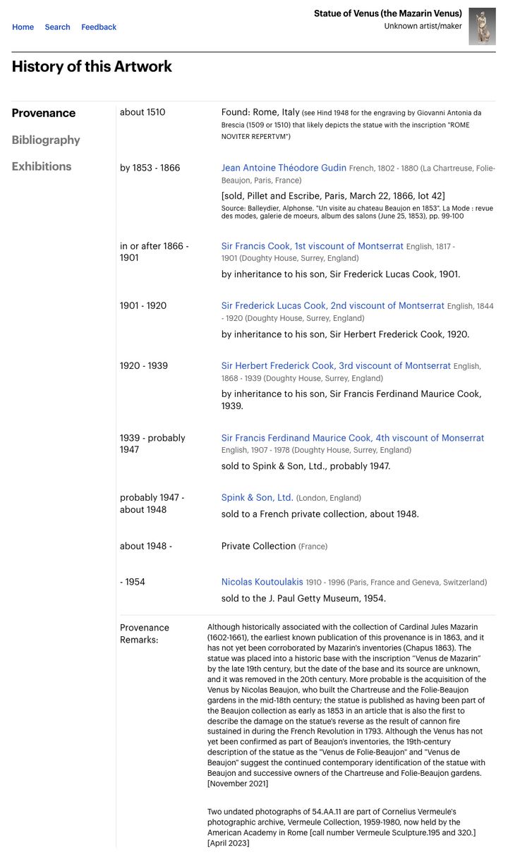 Screenshot of the Getty online collection catalogue showing the entry for the statue shown in Figure 44. The Provenance tab has fields with dates, owners, galleries, and notes about how the object changed hands over the years.