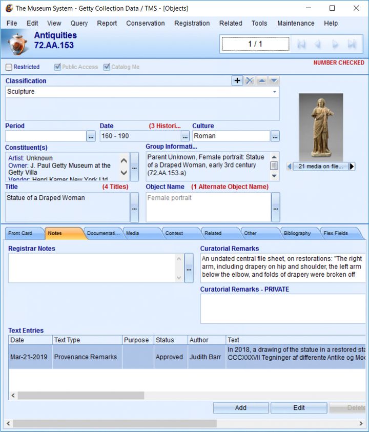 'Screenshot of the Getty''s collection management system showing the record for a sculpture. Fields include Classification, Period, Date, Culture, Constituents, Group Information, Title, and Object Name. On the lower half of the screen, the Notes tab, one of nine available, is highlighted in yellow. Fields in this section include Registrar Notes, Curatorial Remarks, and Text Entries. Under the latter are Provenance Remarks and GettyGuide Object Description.'