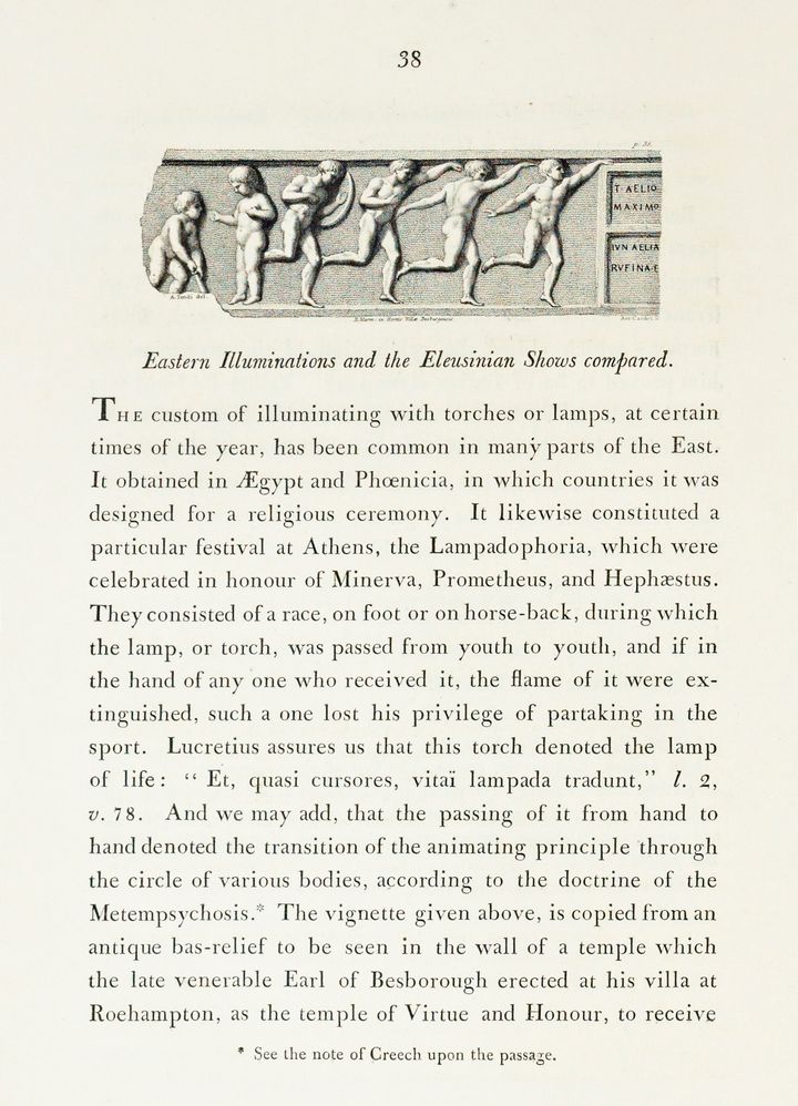 Book page illustrated with an etching of the relief shown in Figure 49. A title below the illustration reads quote Eastern Illuminations and the Eleusinian Shows compared end quote. A paragraph of text follows.