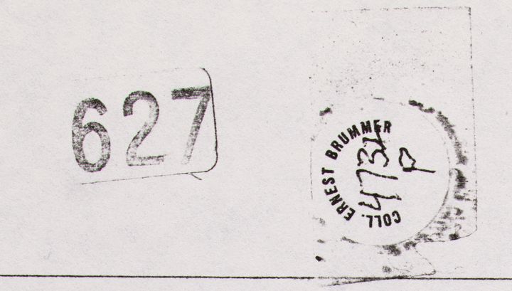 Labels with inventory numbers. One of two stickers reads quote 627 end quote in unevenly inked numbers. The second reads, quote Collection Ernest Brummer end quote in all caps and arranged in a semi-circle. The numbers 4732 and the letter P are written underneath in a shaky hand.