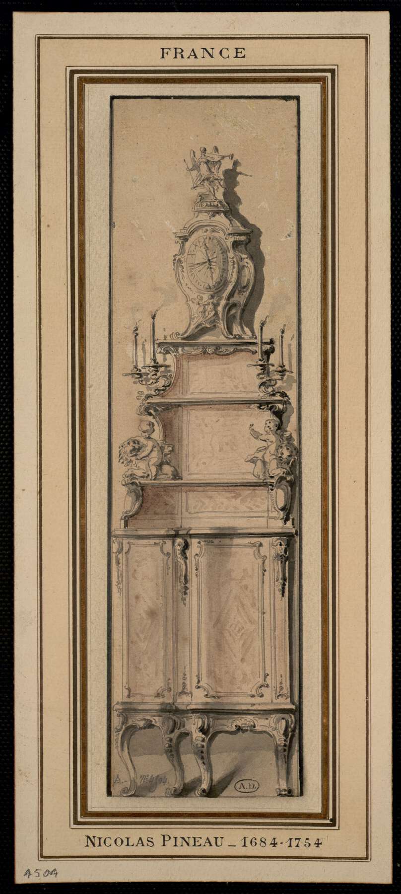 black, white, gray, and brown drawing of an elaborate corner cabinet, with “France” written at the top of the picture and “Nicolas Pineau_1684-1754” written at the bottom