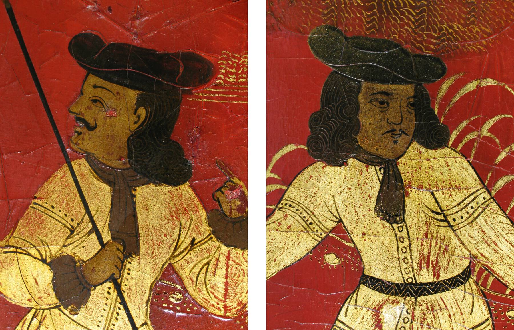 two details of lacquer figures, the one on the left has cracks on its face and hand revealing the red lacquer base, the one on the right, restored, has no cracks