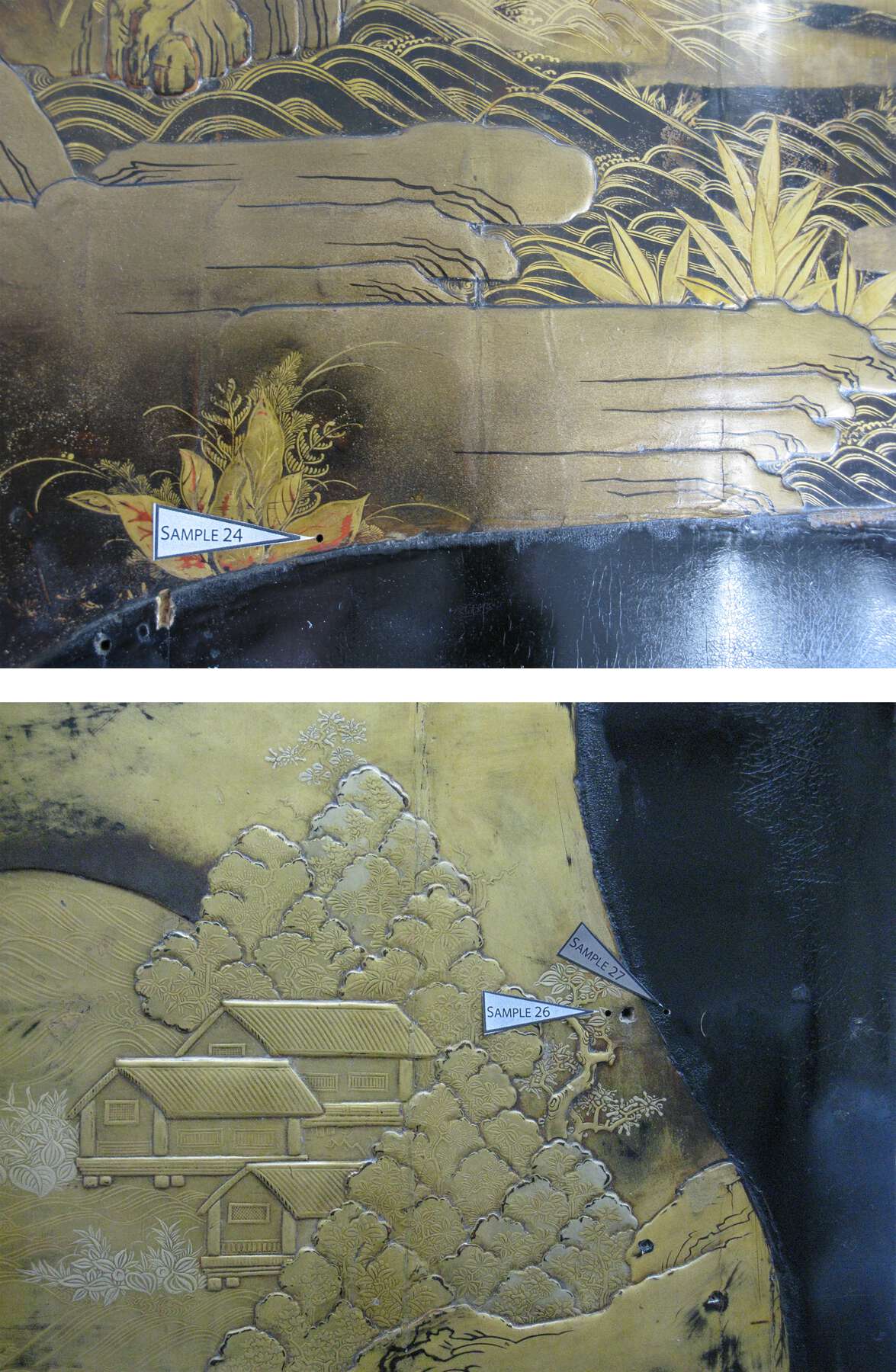 details of the lacquer panels featuring white triangles labeled with sample numbers that indicate the location of the ground samples shown in the photomicrographs on the cabinets themselves