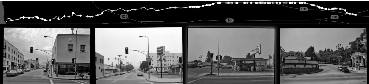 A screenshot of a website shows a black map at the top and four black-and-white photos of street scenes below.