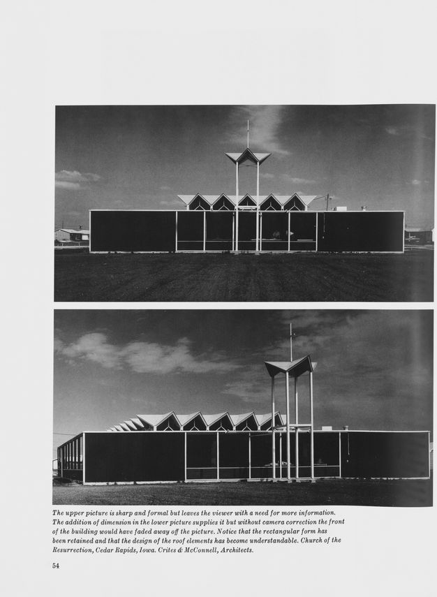 A page from a book featuring two black-and-white photos of the same building. The top photo shows the building shot from straight on, and the bottom photo shows the building at an oblique angle.