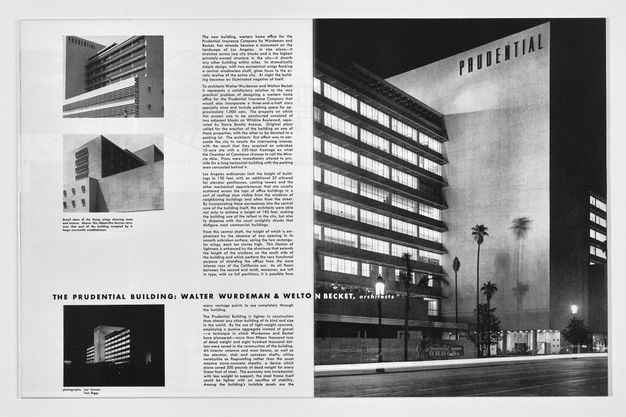 A two-page spread from a magazine with three small black-and-white photos of a building shot during the day and night, a column of text, and a full-page photo on the right of a building with a sign reading “Prudential.”