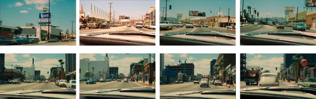 Eight color images show different parts of the Speedway at Venice Beach. The images show cars, buildings, signs, street lamps, and palm trees.