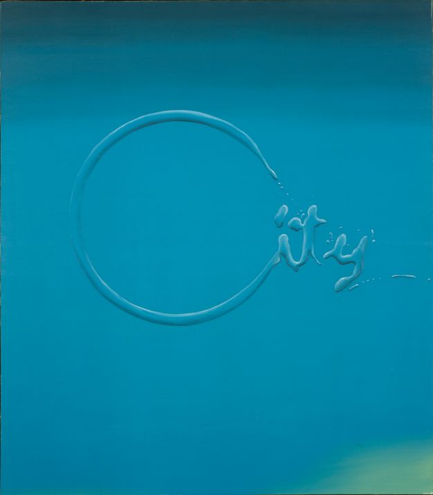 Oil painting featuring the word “City” in the center. The canvas is primarily blue with green in the bottom right corner and a fade to dark blue at the top.