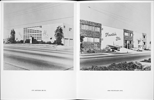 A two-page spread of a book featuring two black-and-white photos of apartment buildings. The street takes up half of the frame in each photo, and both apartments are rectangular blocks.