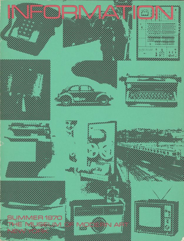 A cover of a book features a teal green background with a series of objects in dark green, including a TV and a telephone. In all caps at the very top, in red, is text that reads “Information.”