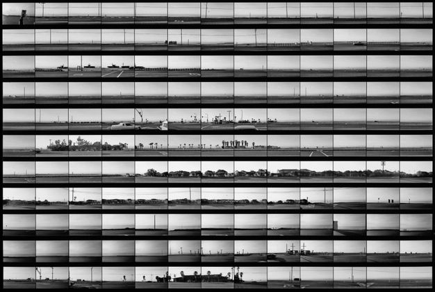 A black-and-white contact sheet features eleven by thirteen rectangular photos of a street scene shot sequentially.