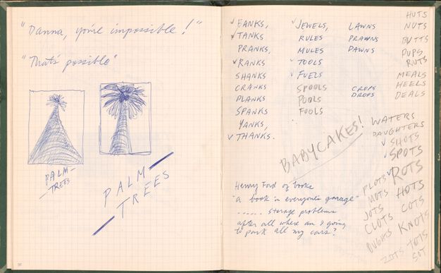 A two-page spread of a notebook that features sketches of palm trees in blue ink and different words written out in columns.