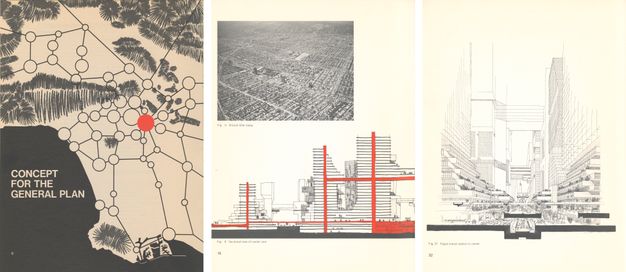 The first image features a black-and-white map of Los Angeles with the text “Concept for the General Plan.” The second image features an architectural sketch of buildings with red lines intersecting each building. The third image features an architectural sketch of a urban mall with a train station.