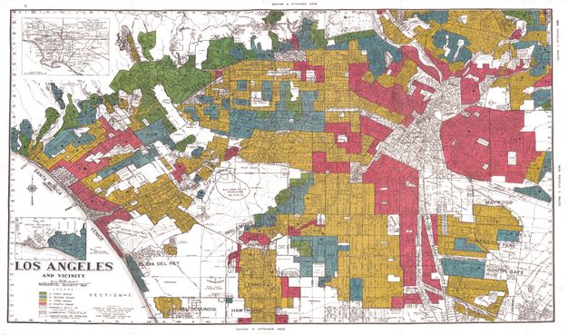 A map of Los Angeles overlaid with green, blue, yellow, and red colors that indicate the districts subjected to redlining.
