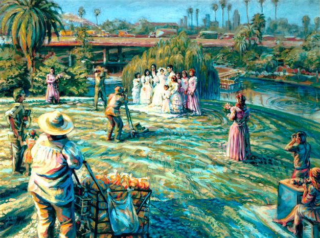 A painting of a park at midday. In the background is a wedding party with a freeway overapss visible behind them. Various figures assemble on the grass in the foreground and middleground.