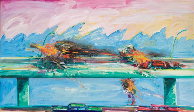 An oil painting featuring a green freeway and a bright orange and black car crash. Behind the crash is a plain blue color, giving way to a pink and yellow sky in the top third of the canvas.