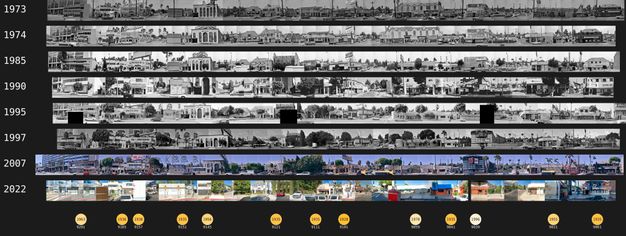 A photo composite shows eight strips of long horizontal photos featuring street scenes. The first six are in black-and-white and the last two strips are in color.