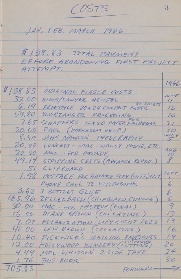 A piece of paper reads “Costs” at top, and includes a list of production costs in blue ink.
