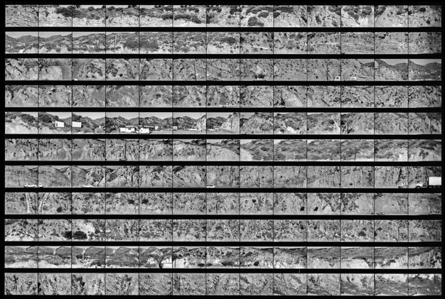 A contact sheet shows a grid of eleven by thirteen black-and-white photos of sequential views of the side of a cliff.
