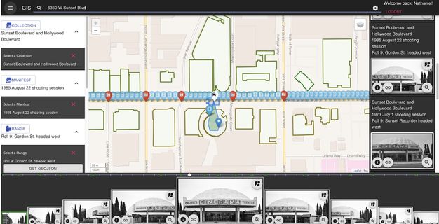 A screenshot of a computer program with various windows with text and photos surrounding a bird’s-eye map in the center.