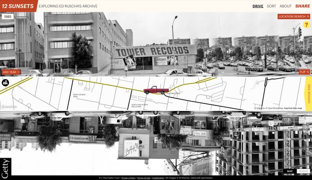 A screenshot of a website with a red car positioned centrally on a map and sandwiched by two long horizontal black-and-white photos. Text at upper left reads “12 Sunsets.”