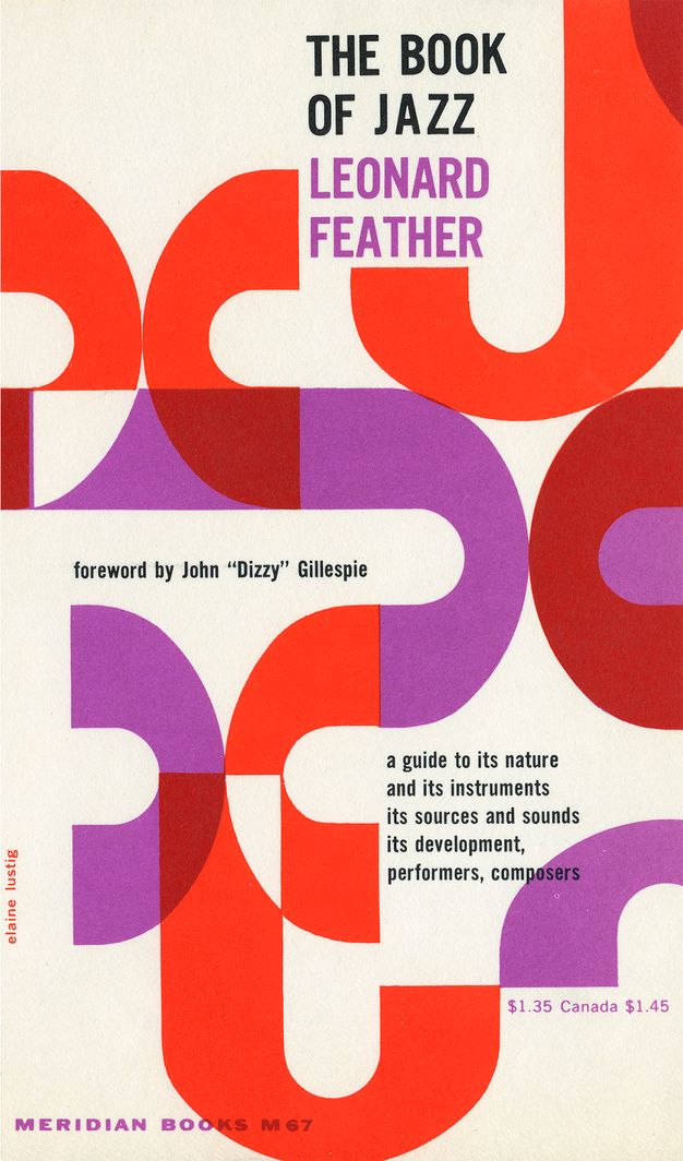 An abstract book cover featuring U-shaped bright red and purple shapes set against a white background. The book title at top right reads “The Book of Jazz, Leonard Feather.”