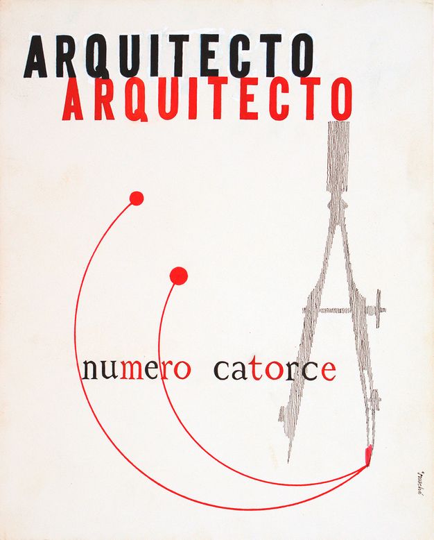 A magazine cover features a white background with a grey compass at left, out of which emerge two half circle lines in red. The magazine title is printed twice at left, reading Arquitecto in black and then in red. The words “numero catorce” overlap the compass.