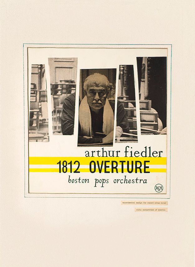 A book cover features a black-and-white photo broken into five shapes, the center of which is a portrait of an older, white man. The text below reads “arthur fiedler, 1812 overture, boston pop orchestra.” Two yellow bands run horizontally across the middle line of text.