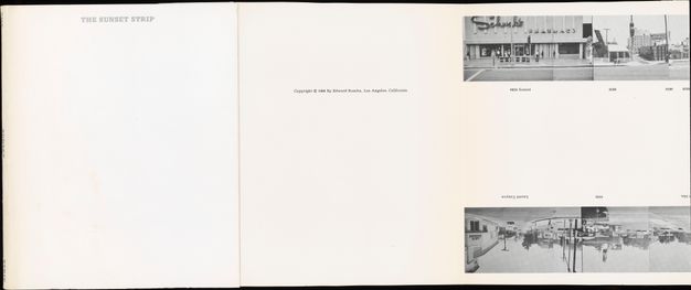 A book unfolded in an accordion fold, showing two long horizontal strips of black-and-white photos at top and bottom. At far left is a shiny, gray book cover, and next to it a title page reading “every building on the sunset strip.”