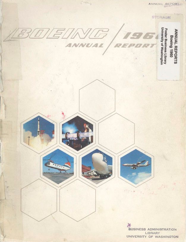 The cover of a pamphlet features a white background and nine hexagons, four of which are white outlines and five of which contain color photos of planes and rockets against a blue sky. The report title reads “Boeing, 1960.”