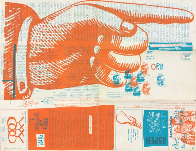 An unfolded journal with an oversized orange pointing finger superimposed over variously-oriented blue text. In the bottom right quadrant are repeating cartoon figures and the word “Orb”.