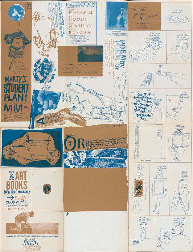 An unfolded journal features a series of brown and blue illustrations collaged together, against a mostly white background.