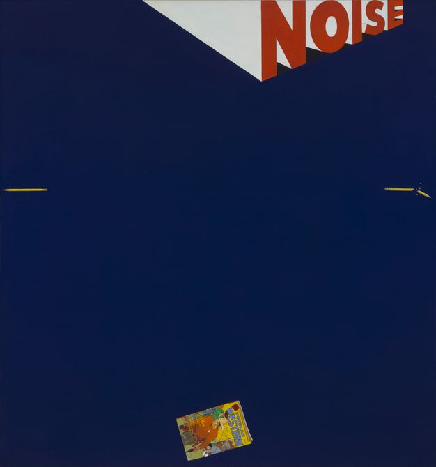 A painting features a navy background. Two pencils, one intact and one broken, appear along the left and right edges of the canvas. The word “NOISE” appears in red block letters at the top of the canvas and a pulp magazine cover is visible at the bottom.