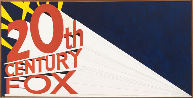 A painting of the “20th Century Fox” logo in red, set against a receding white depth text effect and a navy background, with yellow spotlights pointing upwards in the background.