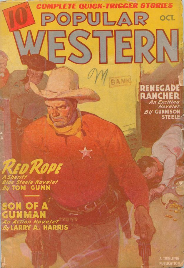 A cover for a pulp magazine shows a sheriff leaving a bank in a red shirt and white cowboy hat with a gun in each hand. A man with a gunshot wound and a spilled bag of coins lies along the right edge.