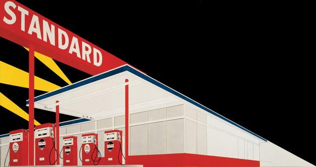 A painting of a red-and-white gas station with a sign reading “Standard” against a black background interrupted by spotlights in the sky.